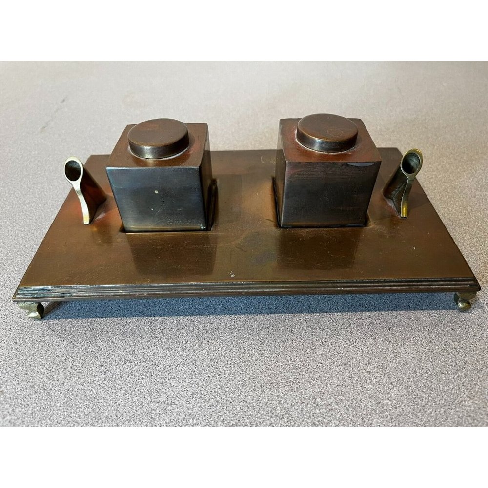 Vintage Art Deco SARREID ALMAZAN BRASS INKWELL WRITING SET Patina Bevel Spain